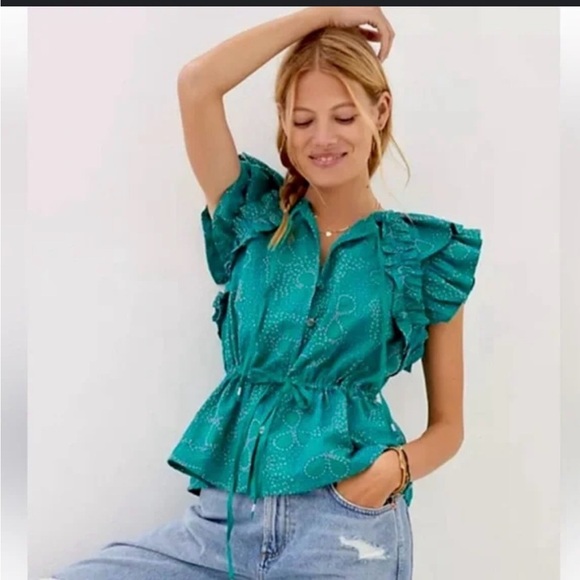 Anthropologie Maeve Ruffled Button Down Green Blouse with Embroidery Size XS - Picture 16 of 16